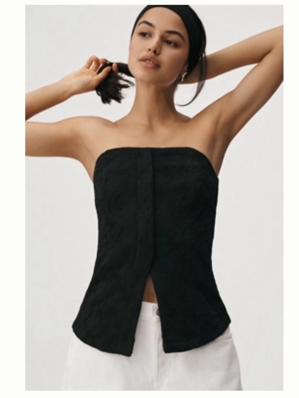 Sarah Hann Black Strapless Jacquard Peplum Bustier Top Size S